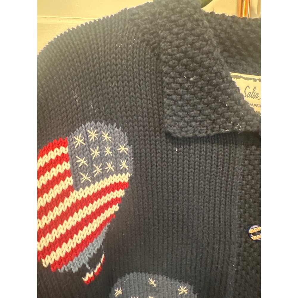 Vintage Patriotic Hot Air Balloon Cardigan Navy Cotton hand Knit Peru read - Picture 9 of 11